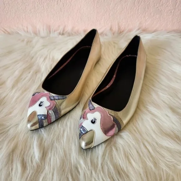 ASOS Loopy Lou Wide Fit Gold Point Toe Unicorn Ballet Flats - Picture 2 of 11